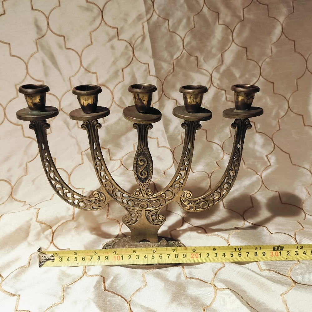 Vintage Sabbat Five Candle Brass & Enamel Candelabra made in Israel